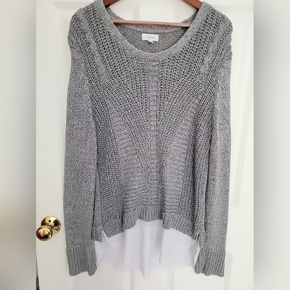 Calvin Klein Twofer Sweater Size XL Gray / White Snap Cuffs Heavy Weight